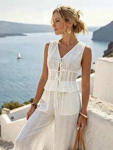Conjunto de dos piezas de verano elegante y suave para mujer, pantalones de pierna ancha casual, conjunto de dos piezas minimalista holgado para vacaciones y uso diario en color blanco - Blanco - Ver 3