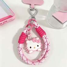 SANRIO Hello Kitty 粉色編織短款手腕手機掛繩附固定片，可愛甜美風，防丟通用手機鍊/鑰匙圈，2款，適合日常使用 - 查看 6