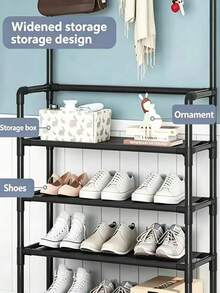1 Multi-Functional Iron Art Coat And Shoe Rack, 4/5 Tiers, With 8 Hooks - Easy Assembly, Black/White Shoe Rack, Shoe Storage Rack - Multicolor - View 9