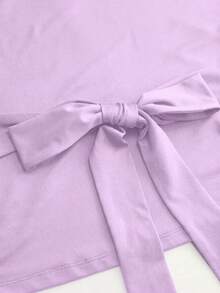 Vela Rue Waist Tie Bow Solid Color Batwing Sleeve Boat Neck Slim Fit Knit Elastic Navy Blue T-Shirt For Commuting, Work, Teacher's Day Casual Summer - Mauve Purple - View 3