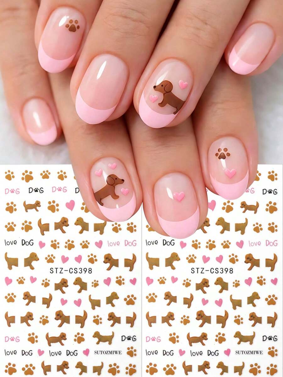 2入可愛臘腸狗爪印愛心美甲貼紙，卡通小狗臘腸狗與金毛獵犬動物寵物狗爪印字母美甲貼，DIY美甲用品，適合女性與女孩