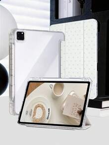 Beige Blue Polka Dot Tablet Case, Compatible With IPad Mini6/Mini7/Air/Air2/9.7/10.2/10.5/10.9 (Air4-Air8)/Pro 11/10th Gen/A16/Pro 11 2024 Models, Painted Pattern Tablet Case, Transparent Acrylic Back Shell, Tri-Fold Stand, Auto Sleep/Wake, Built-In Pencil Slot, Product Does Not Include Pencil, Some Models With Camera Frame - Multicolor - View 8