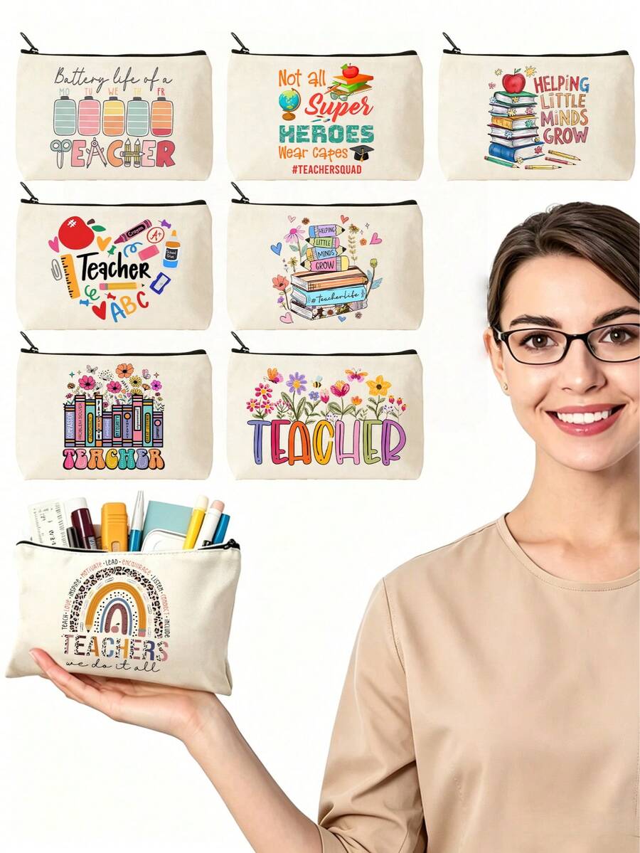 5pcs Best Teacher Theme Zipper Pouch Express Gratitude And Love Makeup Bag Various Snack Small Storage Bag Portable Multi-Functional Storage Bag Teacher Travel Storage Gift Thanksgiving Christmas Birthday Teacher's Day Back To School Graduation Gift - Multicolor - View 1