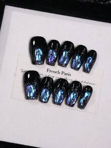 10pcs Premium Handmade Short Coffin Press On Nails Gothic False Nails With Black Gradient With Peacock Blue Iridescent Glitter Rhinestone Reusable Fake Nail Tips For Women - Black - View 2