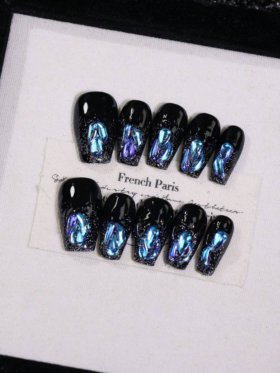 10pcs Premium Handmade Short Coffin Press On Nails Gothic False Nails With Black Gradient With Peacock Blue Iridescent Glitter Rhinestone Reusable Fake Nail Tips For Women