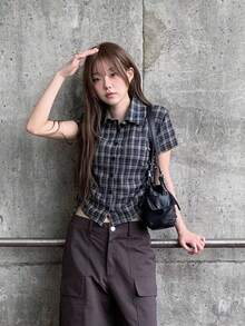 Women's Summer Design Plaid Versatile Casual Shirt - Black and White - View 3