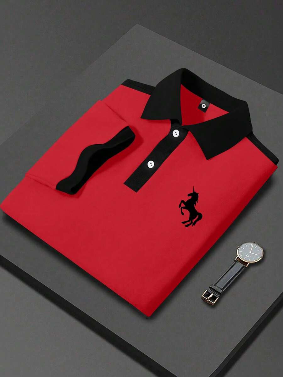 夏季男士短袖 Polo 衫獨特馬匹印花休閒運動服 標準大尺碼 - 彩色 - 查看 1