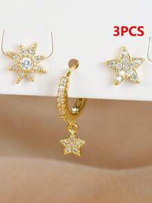 3pcs/Set Boucles d'oreilles pendentif étoile & lune plaquées or 18K, style femme, incrustées de zirconium cubique, boucles d'oreilles à tige en cuivre et acier inoxydable, boucles d'oreilles à vis, bijoux de perçage du cartilage - Ensemble de boucles d'oreilles 3 pièces - Voir 7