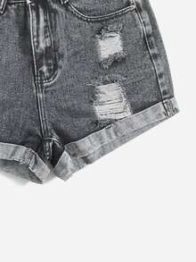 OODS  Shorts vaqueros de mujer para verano con bolsillos sesgados y rotos, con puños - Gris Oscuro - Ver 6