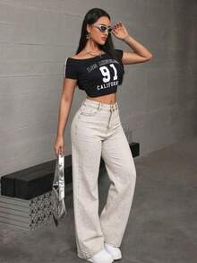 Jeans rectos y holgados de mezclilla lavado efecto levantador de glúteos elásticos sueltos varios colores disponibles - Albaricoque - Ver 6