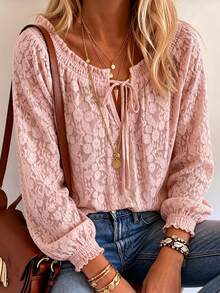 Loose Fit Lace Print & Solid Color Lace Blouse, Commuting Style, Spring/Summer - Pink - View 4