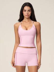 TimeOff Women's One Set Solid Color Adjustable Strap Camisole Tank Top & Wide Leg Mid-Length Shorts Sports Set - Pink - View 4