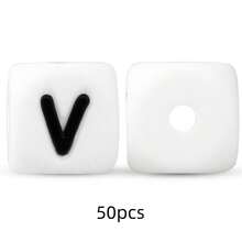 50顆 12mm 矽膠白色底黑色字母珠 DIY 鑰匙圈穿孔珠，週年紀念禮物製作姓名字母珠 - 黑與白 - 查看 31