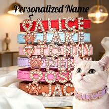Cat Letter Rhinestone Customized Name Collar Leather Pet Customized Collar Anti-Lost Adjustable Size Small Dog Chihuahua Cat Kitten - Multicolor - View 12