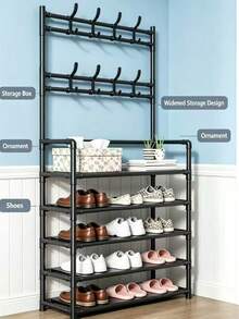 1 Multi-Functional Iron Art Coat And Shoe Rack, 4/5 Tiers, With 8 Hooks - Easy Assembly, Black/White Shoe Rack, Shoe Storage Rack - Multicolor - View 5