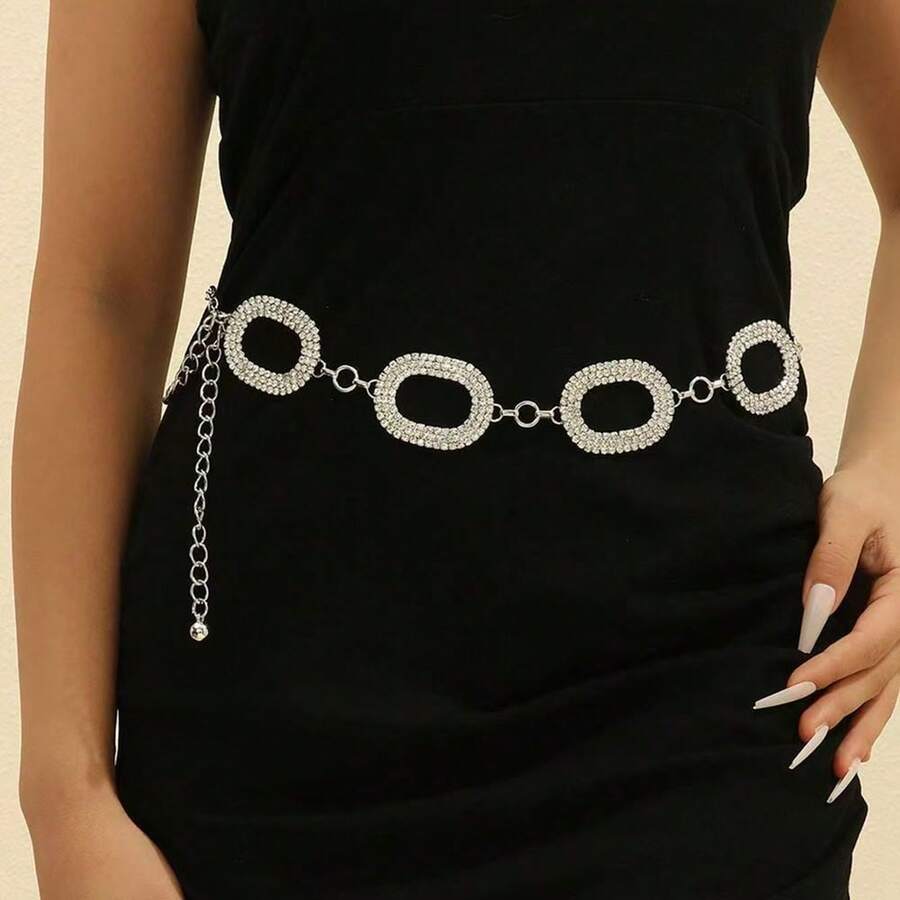Middle East Shiny Plus Size Y2K Belt - Silver PU Leather Hip Hop Belt With Rhinestone Buckle, Suitable For Women's Jeans, Pants, And Dresses - White - View 1