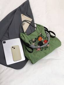 小眾設計刺繡手提包，大容量時尚購物袋，可調節長肩帶斜背包，適合購物 - 綠色 - 查看 10