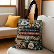 1pc One Shoulder Tote Bag, Floral Book Pattern, Durable And Lightweight, Multifunctional Shopping Shoulder Bag, Suitable For Book Lovers And Teachers - Multicolor - View 7