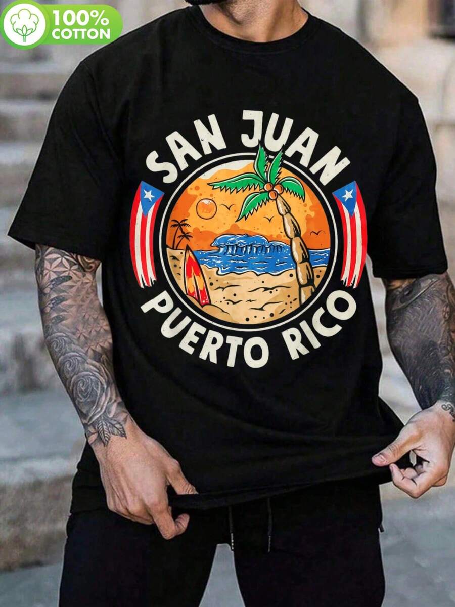 San Juan Puerto Rico 70-tals Sunset Beach Unisex T-shirt, Utomhus-T-shirt, S-2XL, Svart med livfull Puerto Rico-grafik, Avslappnad passform för män och kvinnor, Perfekt för sommarresor - Svart - Visa 1