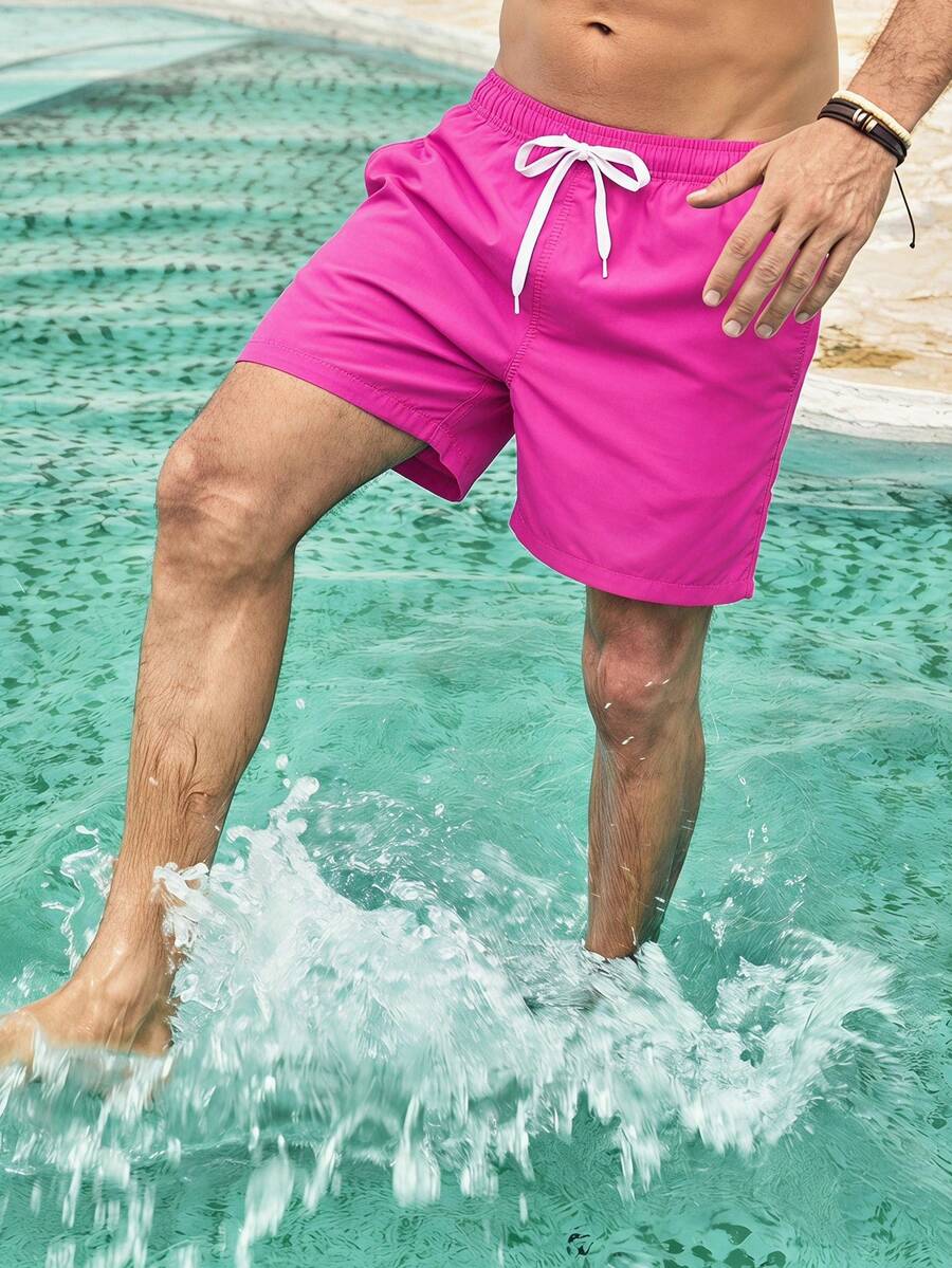 Mercer Haus Pantalones cortos de playa con cordón en cintura de unicolor para hombre, diseño minimalista de vacaciones, hawaiano - Rosa Fucsia - Ver 1