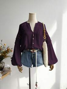 Rusttydustty Women's Standard Size Long Sleeve White Lace Blouse, Casual Vacation Bohemian Style, Suitable For Autumn - Red Violet - View 3