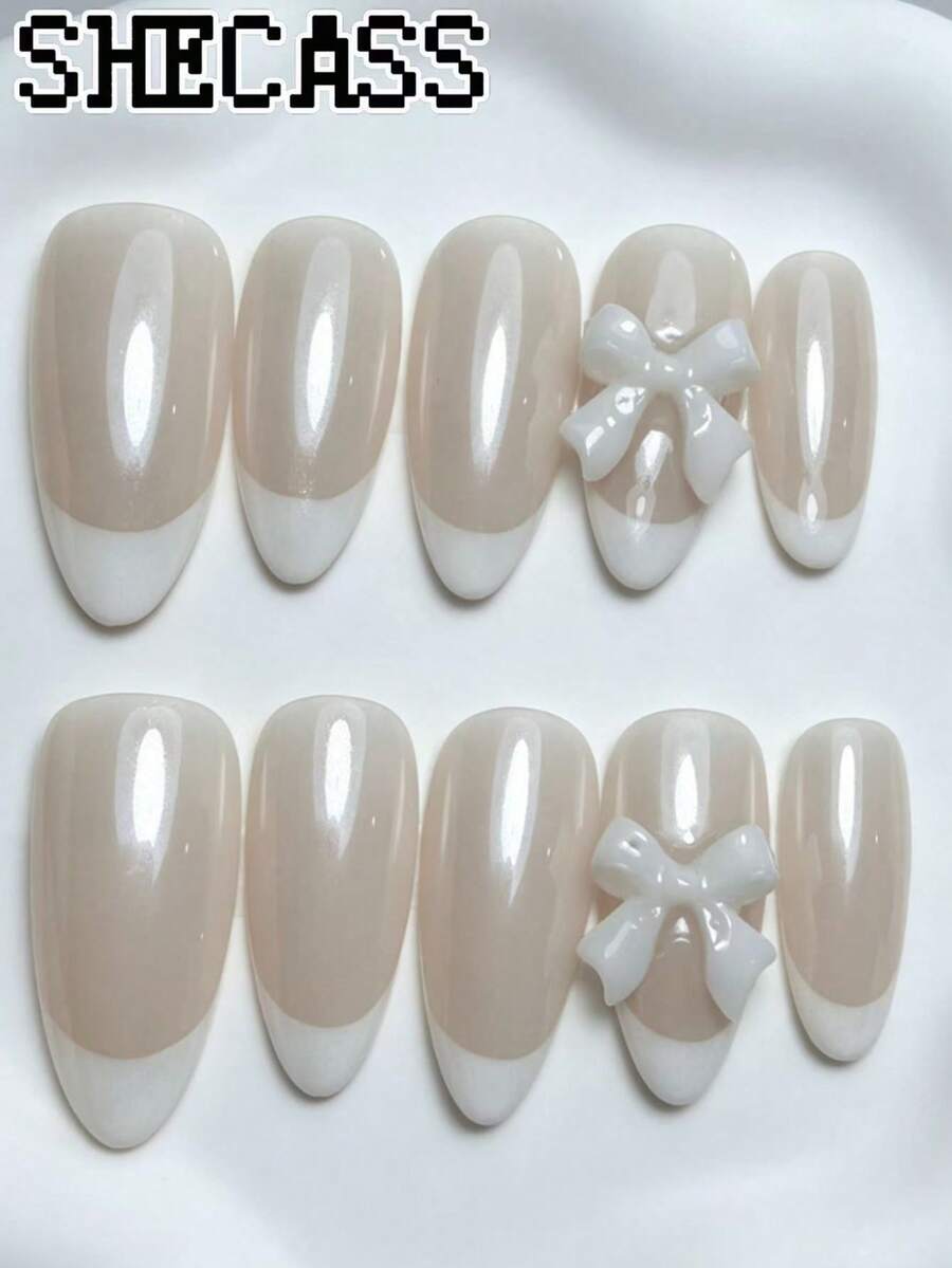Shecass10 高品質手工方形假指甲,Y2K 風格,蝴蝶結裸色與白色法式美甲,適合派對與音樂節,適合女性與女孩,內含 3 件工具;夏季美甲,日常使用,畢業、旅行、婚禮、節日、返校 - 彩色 - 查看 1