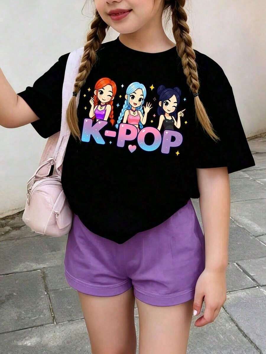 Boys Summer Outfits Baby Tees For Women Playeras De Niña Men ClothesCamiseta de manga corta estampada, diseño casual y adorable, corte amplio.Para niños de 5 a 14 años, se puede usar como pr - Negro - Ver 1