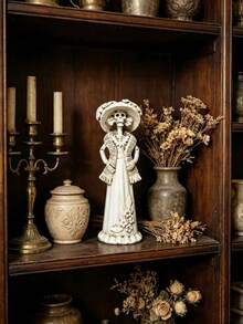 Elegant Halloween Skeleton Lady Statue, White Resin Catrina Skeleton Figurine, Day Of The Dead Home Desktop Decor Ornament - Multicolor - View 9