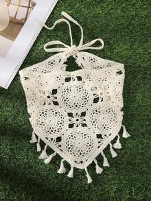 1 Stück beige gestricktes Cut Out Dreiecksschal mit Quasten, Sommer-Haaraccessoires, Strand-Bandanas, Urlaub-Haarbänder - Beige - Übersicht 1