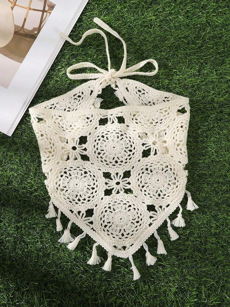 1 Stück beige gestricktes Cut Out Dreiecksschal mit Quasten, Sommer-Haaraccessoires, Strand-Bandanas, Urlaub-Haarbänder - Beige - Übersicht 1