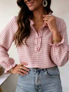 Women's Plaid Ruffle Trim Button Detail Stand Collar Long Sleeve Regular Fit Polyester Shirt - Light Pink - View 5