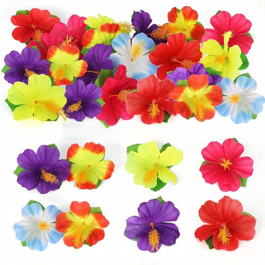 1/10/20pcs Artificial Hibiscus Flowers - 6 Vibrant Colors, Polyester Fake Tropical Hawaiian Decor, Jungle Beach Theme, Faux Leaves For Table Centerpieces, Suitable For DIY Crafts, Weddings, Parties, Barbecues, Home And Event Decoration, Artificial Tropical Flowers (Random Colors)