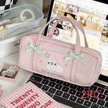 [Back To School] 2pcs/1pc Cute Embroidered Cat Bowknot Pencil Case, Portable Handheld Stationery Bag, Large Capacity Makeup Pencil Pouch, Suitable For Students, Children, Office Supplies - Kitten Pencil Case - View 8