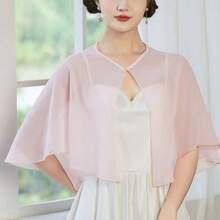 1件新娘婚禮披肩式短外套 珍珠雪紡披肩 時尚百搭 高質感 涼感 防曬 薄款披肩 - 淺粉色 - 查看 3