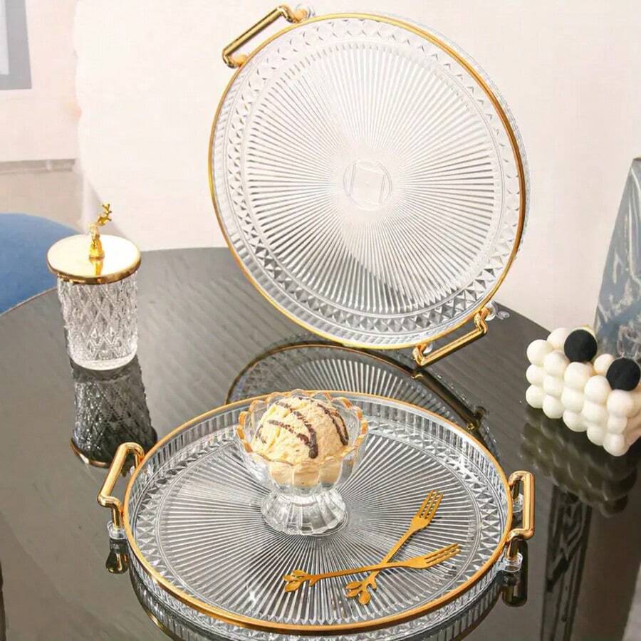 Nordic Decorative Multipurpose Serving Tray With Handle And Gold Detail Table Decoration - Transparent - View 1