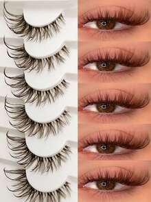 6 pares de pestañas postizas de aspecto húmedo marrón, banda transparente, esponjosas reutilizables, extensibles, para maquillaje dramático rizado y ligero, herramientas de maquillaje - Negro - Ver 2