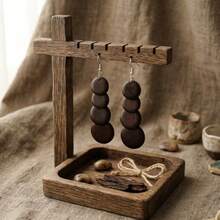2026 Nuevos Aretes de Madera Vintage Disco Redondo Aretes Largos Joyería de Oreja Personalizada - Marrón oscuro - Ver 2