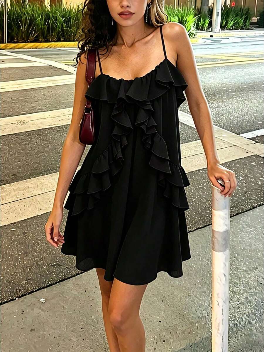 Summer Boho Flowy Ruffle Trim Cami Mini Dress Backless Loose Fit Casual Beach Vacation Short Dress For Wedding Party Graduation - 黑色 - 查看 1