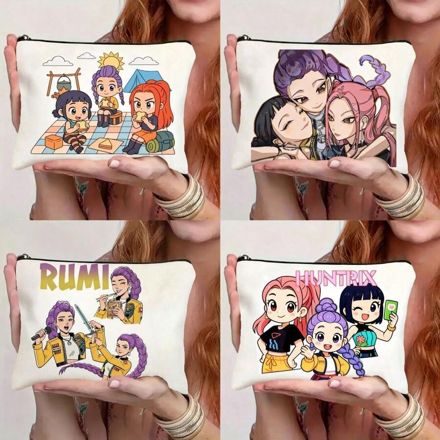1pc K-Pop Girl Group Theme Printed Makeup Bag, Gift For Girls, Back To School Season, Cute Vintage Minimalist Letter Pattern Printed Makeup Pouch, Makeup Bag, Storage Bag, Toiletry Bag, Clutch Bag, Foldable Lightweight Storage Bag, Minimalist Handbag, Teacher Gift Clutch Bag, Nurse/Doctor/Teacher Storage Bag, Suitable For Personal Travel Cosmetic Storage - Multicolor - View 1
