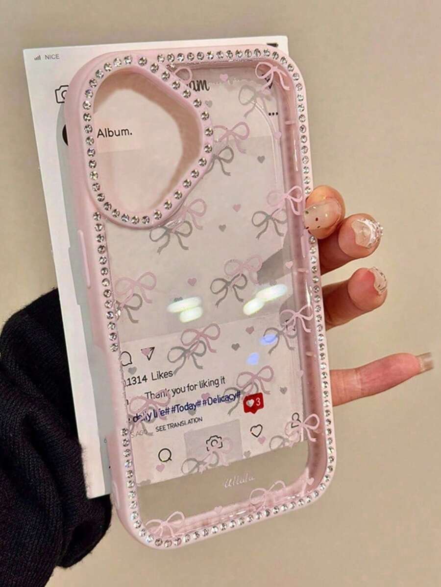 Una elegante funda para teléfono no incluye un cordón ni un soporte. Funda de lujo coreana con lazo, purpurina y diamantes, compatible con 16 15 14 13 12 Pro 11 14 15 Plus, cubierta transparente, regalo para chicas. - Rosa - Ver 1