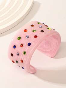 Juego de 3 pulseras de acrílico estilo océano rosa, adecuado para uso diario y vacaciones - Diamantes de imitación rosas - Ver 3