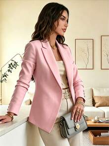Women's Elegant Fashion Commuter Pink Regular Fit Lapel Long Sleeve Open Front Knit Blazer, Decorated With Button Details - Pink - View 4