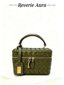 1pc Olive Green All-Over Woven Texture Faux Leather Small Square Box Handbag With Zipper Closure, Lightweight Luxury Vintage Exquisite Style Women's Daily Commute & Date Crossbody Bag - Olive Green - View 1