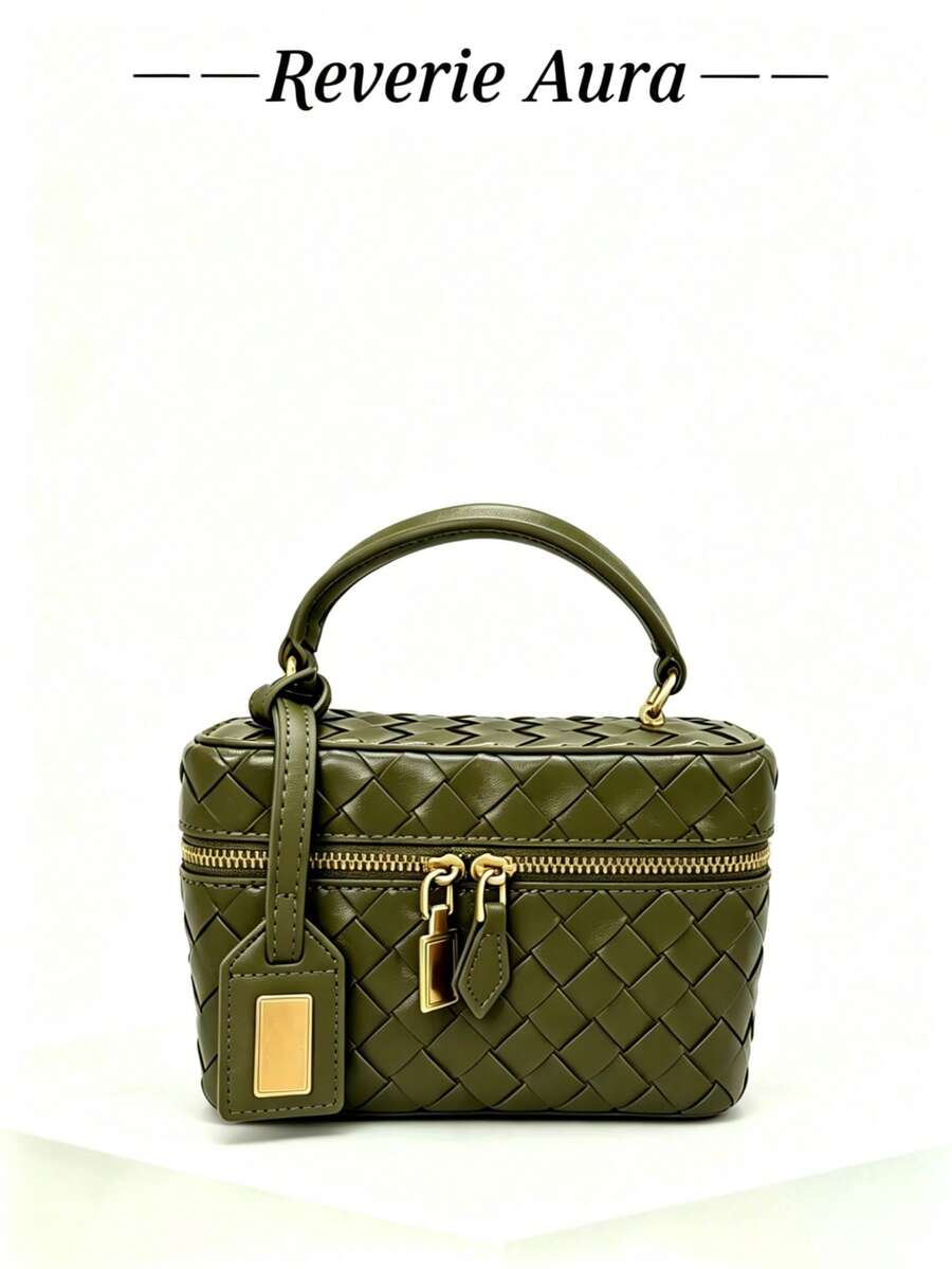 1pc Olive Green All-Over Woven Texture Faux Leather Small Square Box Handbag With Zipper Closure, Lightweight Luxury Vintage Exquisite Style Women's Daily Commute & Date Crossbody Bag - Olive Green - View 1