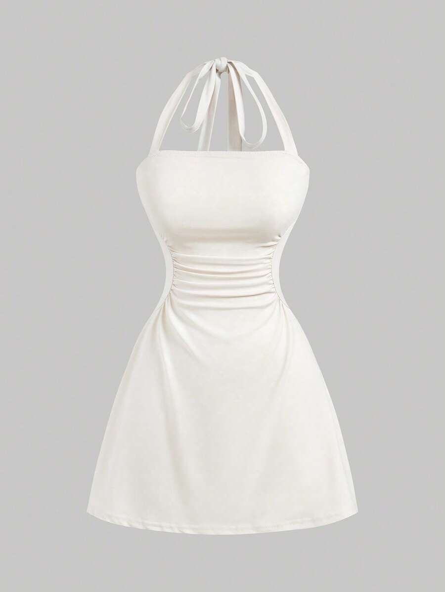 de línea A sencillo de unicolor para mujer con cintura fruncida y diseño de halter en forma de V - Beis - Ver 1