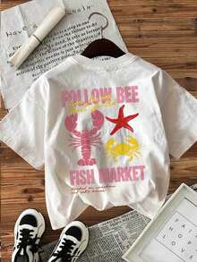 2026 Summer Cotton Top With Round Neck, Reversible And Printed, Ideal For Spring And Summer, With Vintage Style And Lobster And Starfish Motifs, Short Sleeves, - White - View 3