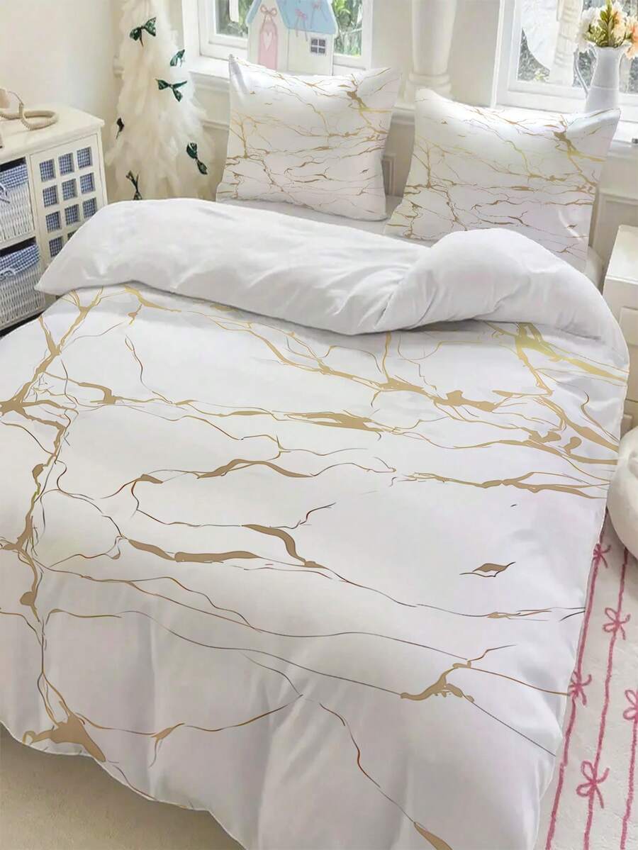 3PCS Classic Gold Foil Textured Duvet Cover Set (1 Duvet Cover + 2 Pillowcases), Soft Skin-Friendly Machine Washable, Comfortable Bedding For Home And Dorm, Multiple Sizes Available, Suitable For All Seasons, Does Not Include Duvet Insert And Pillow Insert - Multicolor 3 - View 1