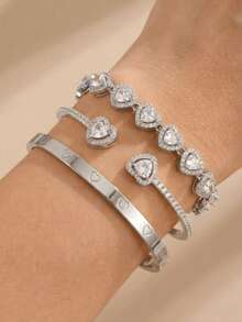 rakol 3pcs Open Cuff Bracelets, Copper Plated 18K Gold With Zirconia, Popular Style For Charming Girls - Silver - View 3