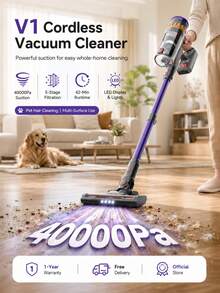 Lefant V1 Cordless Vacuum Cleaner, 40000Pa Suction, 5-Stage Filtration, LED Display & Lights, 42Min Runtime, Multi-Surface, Violet - V1/UK Standard (Purple) - View 2