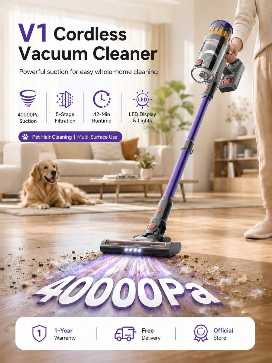 Lefant V1 Cordless Vacuum Cleaner, 40000Pa Suction, 5-Stage Filtration, LED Display & Lights, 42Min Runtime, Multi-Surface, Violet